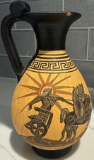 Vintage - Hand Painted Greek Pottery Oinochoe Wine Jug Vase Phaethon Chariot 7"