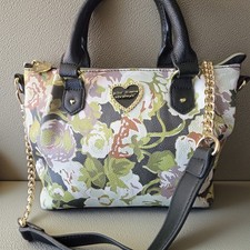 Betsey Johnson Floral Satchel Shoulder Bag Rose Print Heart Logo Gold Chain...