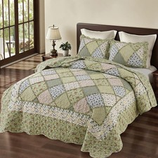 VIVILINEN Full Queen Size Green Patchwork Quilt Set Reversible Quilted Bedspr...