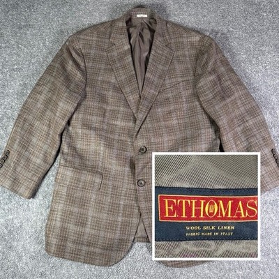 E.Thomas Jacket Men 42S Glen Plaid Joseph Abboud Heritage Blazer Silk Linen Wool