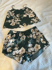 VTG Green Flower Print Satin Pajama Top And Shorts Size L