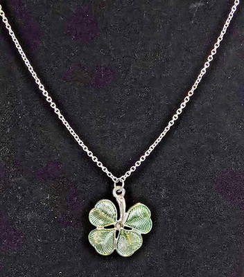 Lucky Silver Tone Green Enamel Four Leaf Clover Pendant Necklace Shamrock 21''