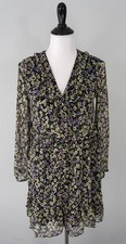 New Zara Yellow Puruple Floral Long Sleeve Sheer V-Neck Dress Size Medium