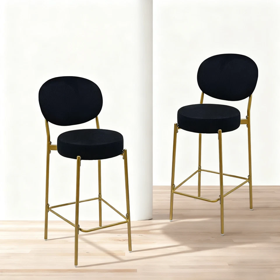 Modern Velvet Bar Stools Gold Metal Legs Round Kitchen Island Home Bar - Image 3 of 4