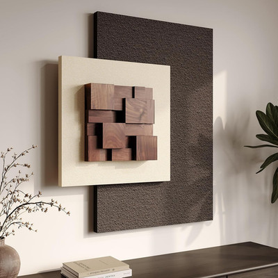 3D Wood Textured Large Neutral Abstract Wall Art, Modern Beige Brown Geometric P
