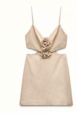 ZARA Women's Floral Cut Out Dress Tan Adjustable Spaghetti Straps