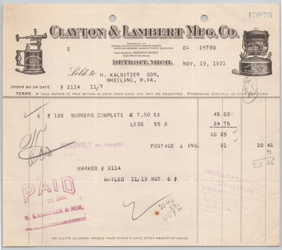 Antorchas de soplado de gasolina Clayton & Lambert Mfg Co 1921 ollas de fuego Billhead BH2-9 Foto 2 de 4