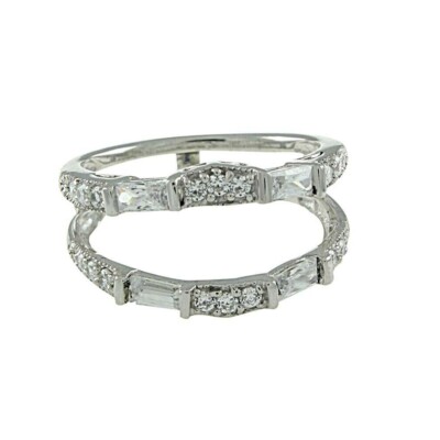 5/8Ct White Round Cut CZ & Baguette Enhancer Wedding Matching Band Silver Ring