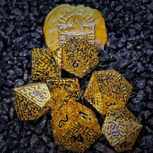 Sage's Labyrinths - Gold Weave Black Ink Hollow Metal Polyhedral Dice Set DnD - Picture 8 of 9