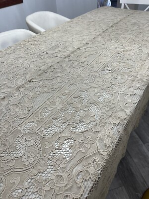   Stunning Linen point de Venice lace tablecloth & 12 Napkins Ecru ￼112 X 62