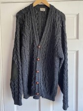 LL Bean Cable Knit Fisherman Sweater Gray Ireland Elbow Patch Mens Large