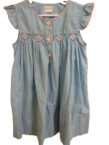 Vive La Fete Girls 6 smocked, rick rack, turquoise pink checked | eBay