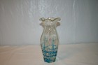 Clear Art Glass Vase with Blue String Design and Ruffled Edge