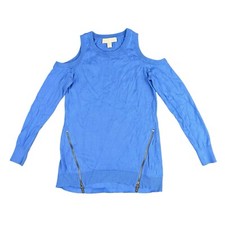 Michael Kors Blue Cold Shoulder Zip-Detail Sweater Women's S Stylish Versatil