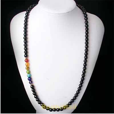7 Chakra Black Agate Meditaition Healing Balance Reiki Prayer 75cm Necklace
