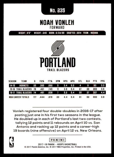 2017-18 Panini NBA Hoops Noah Vonleh Portland Trail Blazers #235 - Picture 2 of 2