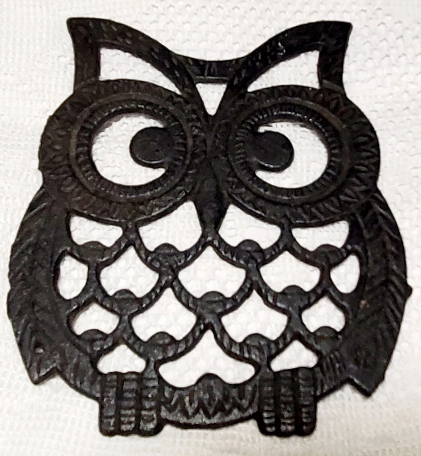 MCM Black Cast Iron Owl Trivet & 2 Owl Pot Holders St. Mary's Philippines Vtg image 2
