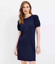 LOFT Sz XS Blue Smocked Puff Sleeve Mixed Media Knee Length Shift Dress • EX‼