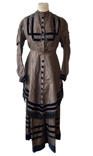 Vintage Antique Victorian Dress Brown 19th Century Taffeta Velvet Trim Layered - Picture 3 of 11