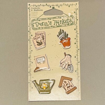 NEW on Card 1997 Trena's Trinkets Buttons Ceramic - 6 Garden Elements, Realistic