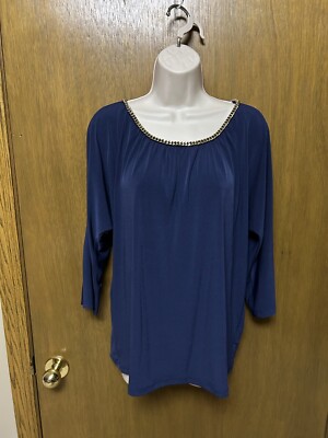 MICHAEL KORS sz M TOP Gold Chain Neck Cold Shoulder OPEN Dolman 3/4 Sleeve Y24