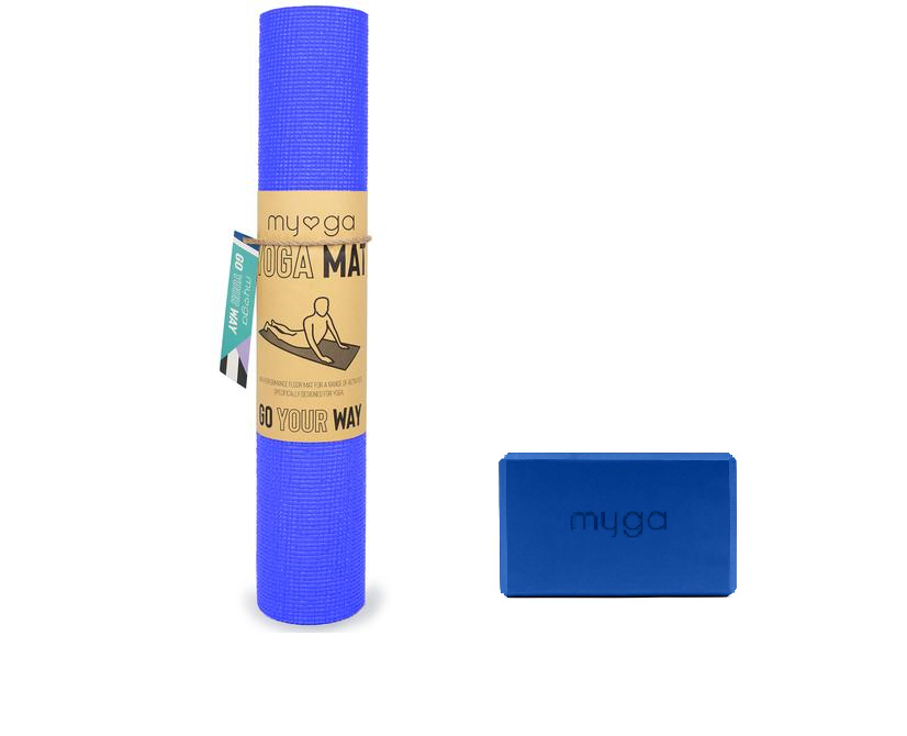 Myga Yoga Starter Kit Mat + Block Set 4mm Thick Pilates Fitness Gym Royal Blue
