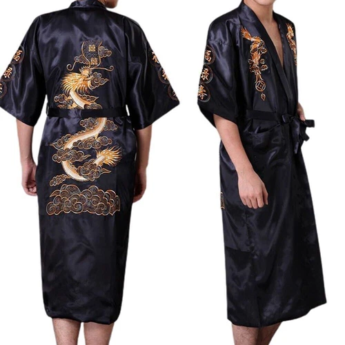 Mens Satin Chinese Dragon Kimono-Silk Bathrobe Pajamas Sleepwear Gown Bath Robe - Imagen 28 de 49