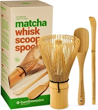 Bambooworx Matcha Whisk Set - (Chasen), Traditional Scoop (Chashaku), Tea Spoon.