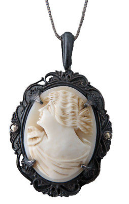 Antique Sterling Silver Carved Shell Cameo Pendant Marcasites Box Chain ...