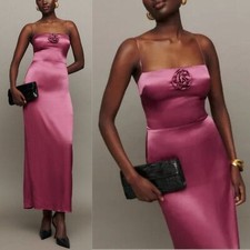 Reformation Frankie Strawberry Wine Pink Rosette Silk Maxi Dress Back Slit 4