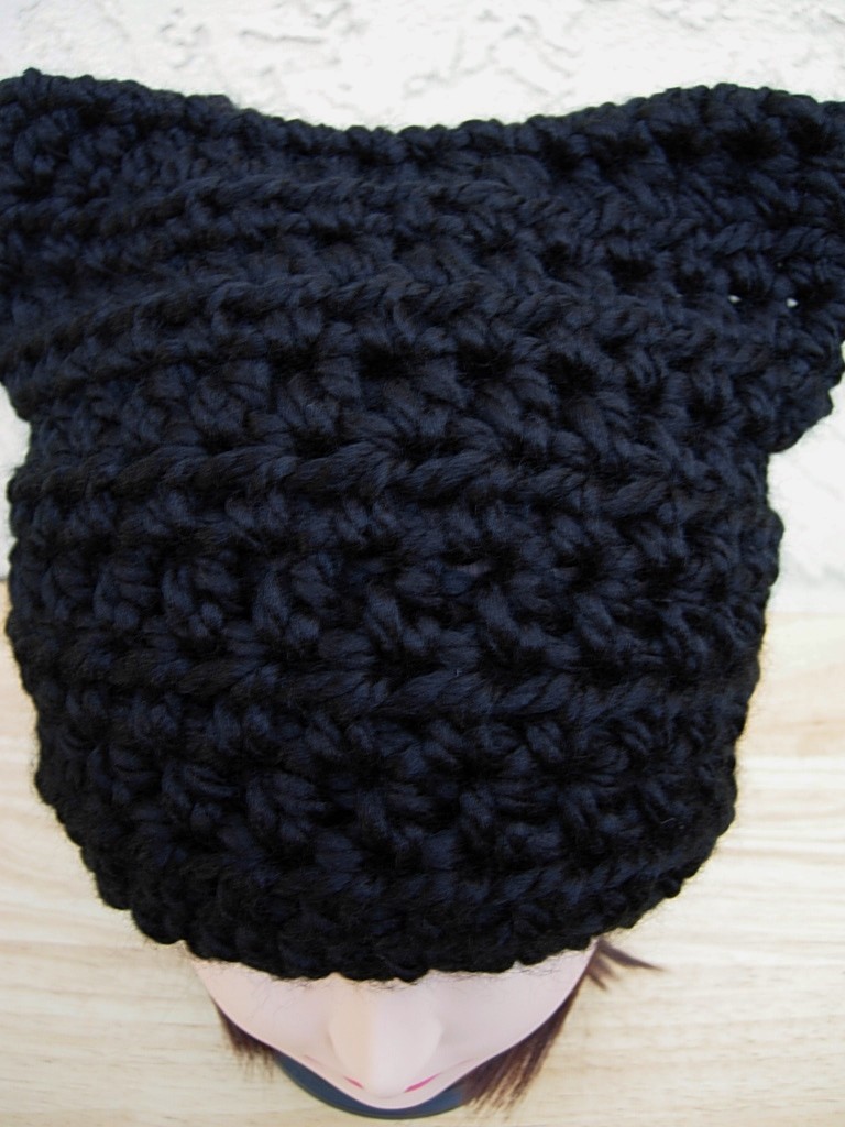 Solid Black Cat Hat with Ears Soft Winter Crochet Knit Chunky