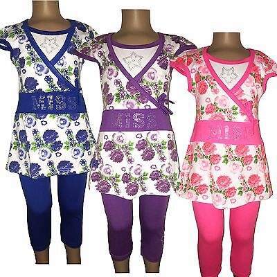 New Girls Tunic Dress Top Leggings 2 Piece Set Summer Outfit Blue Pink 2-5ys #76