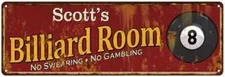Scott's Billiard Room Red Personalized Sign Game Room Pool 106180008226