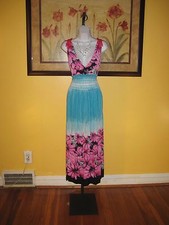 NWT Floral Lace Trim Pink & Turquoise Maxi Dress Size S/M