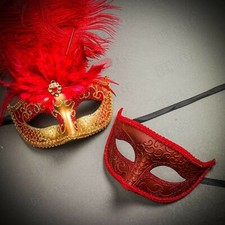 Luxury Gold Red Feather Masquerade Venetian Masks for Party Couple Men Women