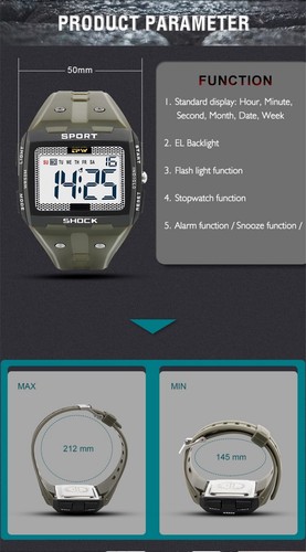 2023 Men Digital Watch LED Backlight 5ATM Waterproof Square Sports Military NEW - Picture 9 of 18