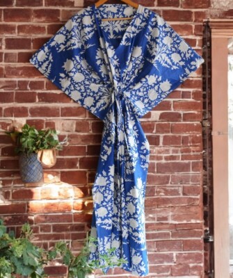 Indisches Vintage 100 % Baumwolle langes Strand Maxi Kaftan Kleid Einheitsgrö...