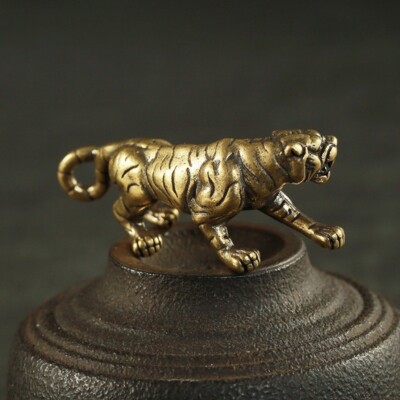 Pure Brass Vintage Tiger Figurine Zodiac Animal Craft Tea Pet Ornament Miniature