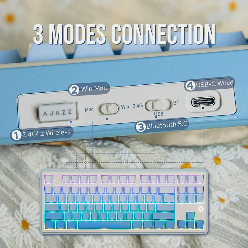 AJAZZ AK870 Mechanical Keyboard QWERTY Blue/White Wireless Bluetooth USB-C