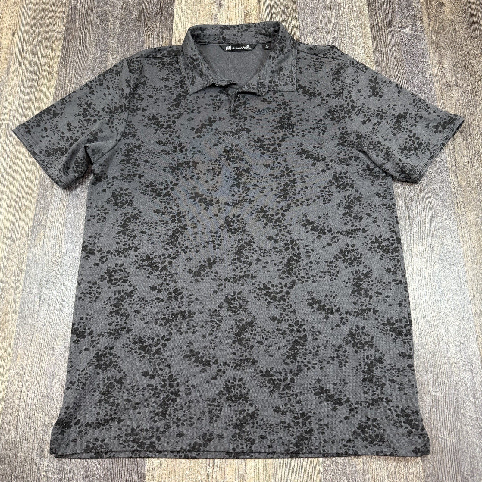 Travis Mathew Floral Golf Polo Shirt Gray Black Short Sleeve Pima Cotton Mens L