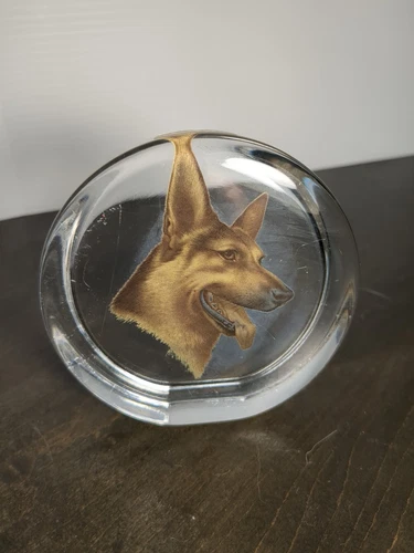 VTG German Shepherd Head Crystal Round Paperweight Viking Glass Co 1980s 3.5 In