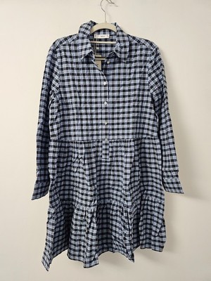 Mango Hemdblusenkleid Damen UK 6 blau schwarz Gingham Karo gesmokt Stufen Langarm