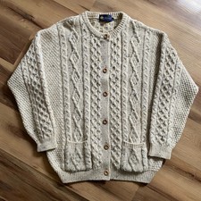 TIVOLI Aran Cardigan Sweater Womens Large Cream 100% Wool Cable Knit Handknit