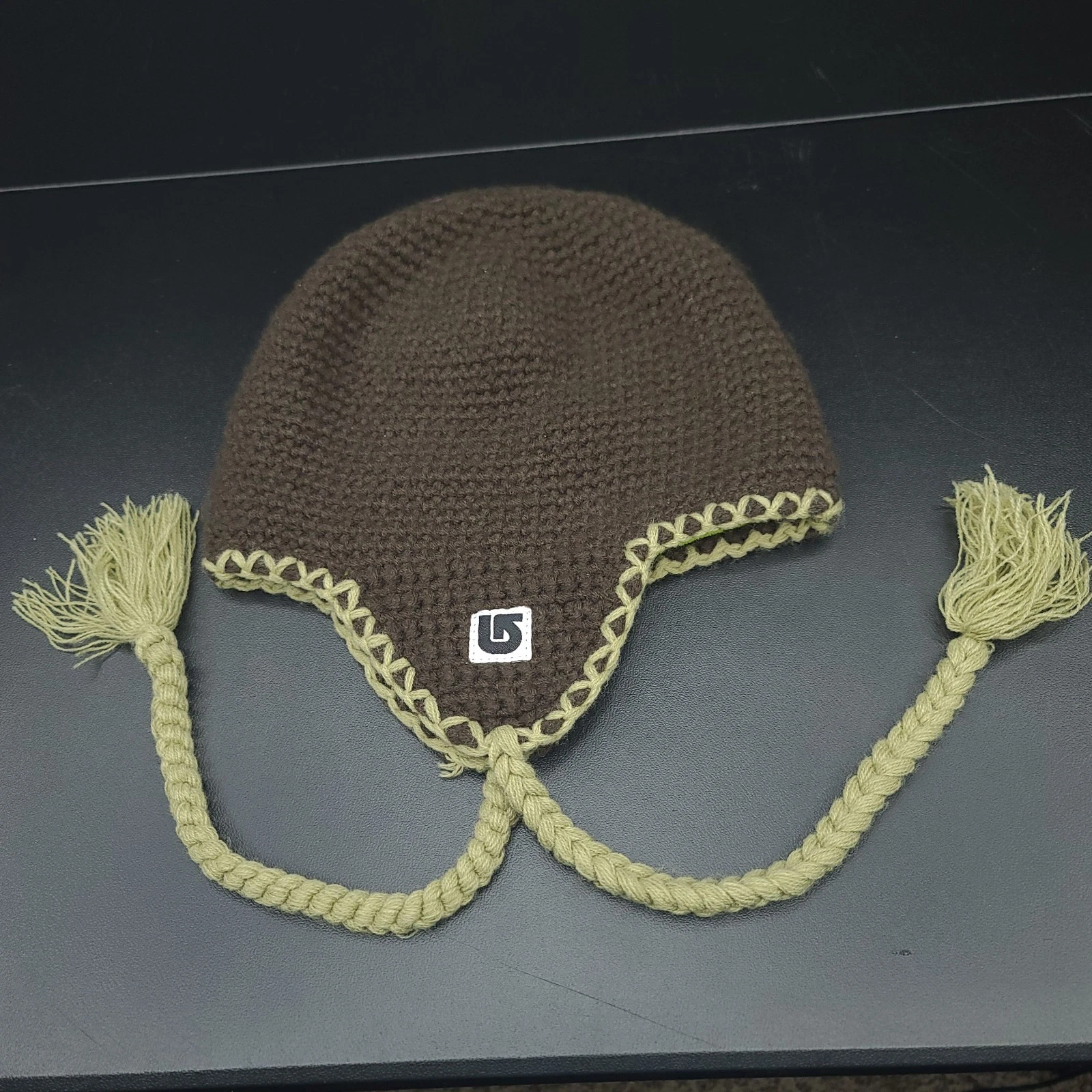 burton knit winter beanie ear flaps tassled vermont ski snowboard 