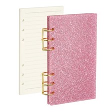 A6 Glitter 6 Ring Binder Notebook Cover, Gold Rings with Lined Papers, Pink