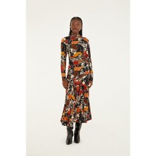 Farm Rio Multicolor Cats And Dogs Long Sleeve Draped Midi Dress