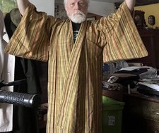 Colorful Stripped Vintage 1970s Japanese Michiyuki Kimono Raincoat Silk Blend L