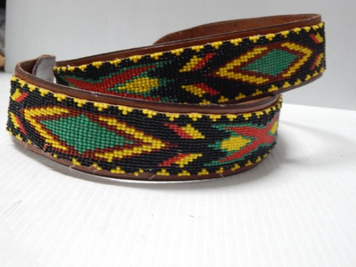 #ad VINTAGE EASTERN PLAINS INDIAN LOOM BEADED BELT ON THICK LEATHER NICE DSGN $165.00
