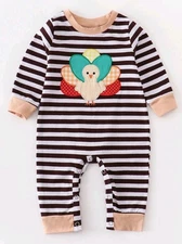 Infant Boy Striped Fall Romper - One-Piece - Bodysuit - Turkey Applique