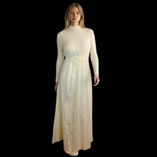 VTG Babydoll Maxi Dress Yellow Knit Romantic Cottagecore Sz S Victorian Coquette